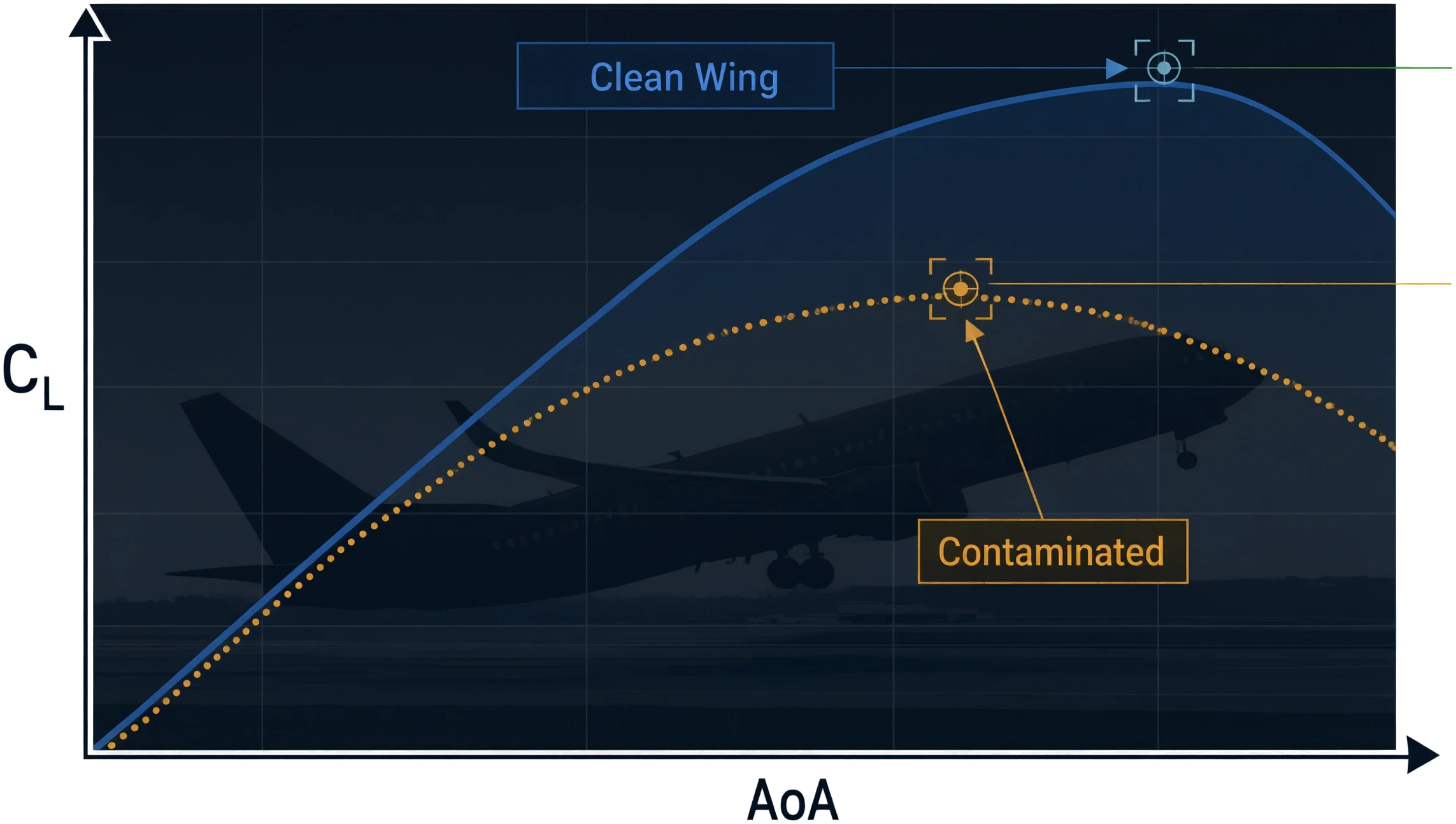Grafik kurva Coefficient of Lift terhadap Angle of Attack membandingkan sayap bersih dan sayap terkontaminasi